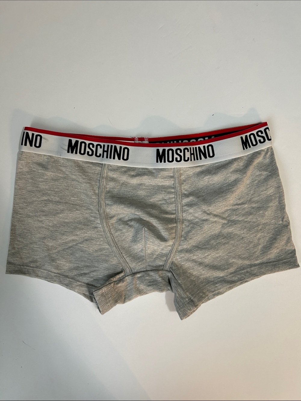 Moschino Gray Boxer Briefs with White Logo Waistband and Red Trim